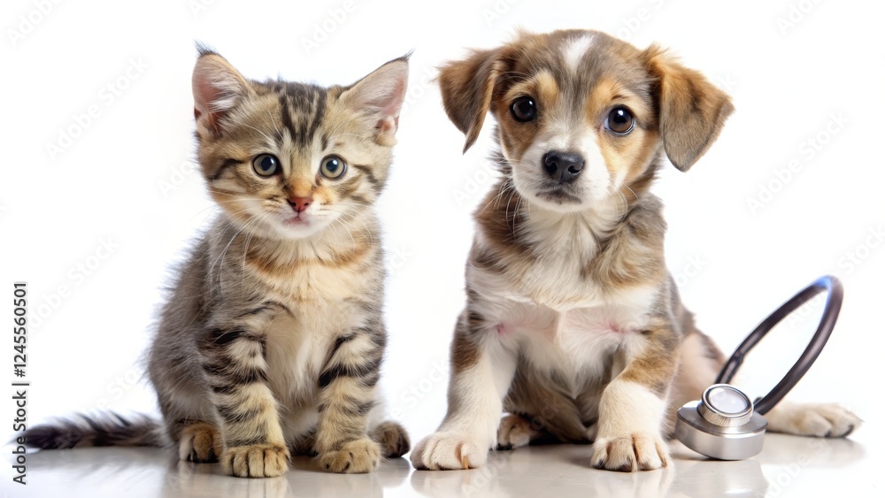 Cute Kitten and Puppy Sitting Together with Stethoscope Nearby Cute Kitten and Puppy Sitting Together with Stethoscope Nearby
