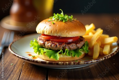 Tapa de hamburguesa res con queso en un plato de vaso y decorado, hamburguesa, vaso photo