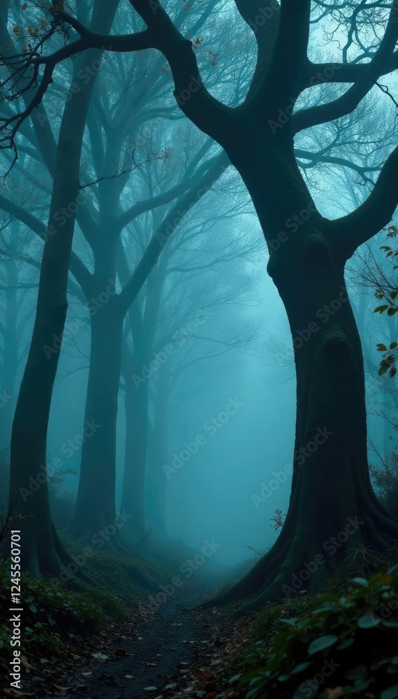 Naklejka premium Tall trees with gnarled branches and twisted trunks enveloped in mist, darkness, eerie