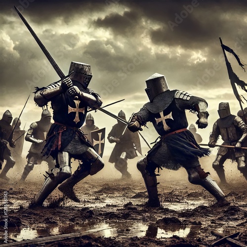 A dramatic clash of knights on a muddy battlefield, clad in armor emblazoned with crosses, set against a stormy sky. Intense medieval combat. photo