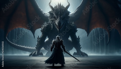 An armored knight stands facing a massive dragon in a dark, imposing hall. It's a scene of epic fantasy, filled with challenge and dread.