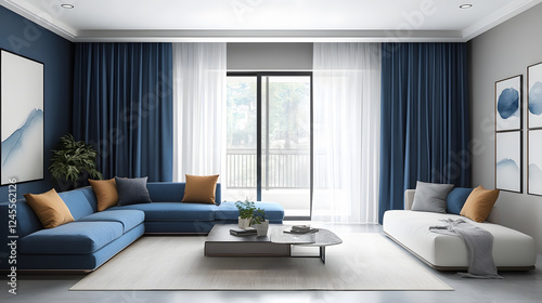 Modern living room with blackout curtains urban home interior design cozy environment bright view contemporary atmosphere