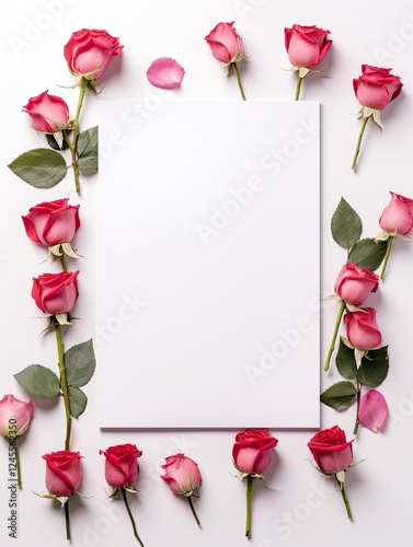 Vertical top view blank card red and pink rose love and wedding decoration Valentines day background