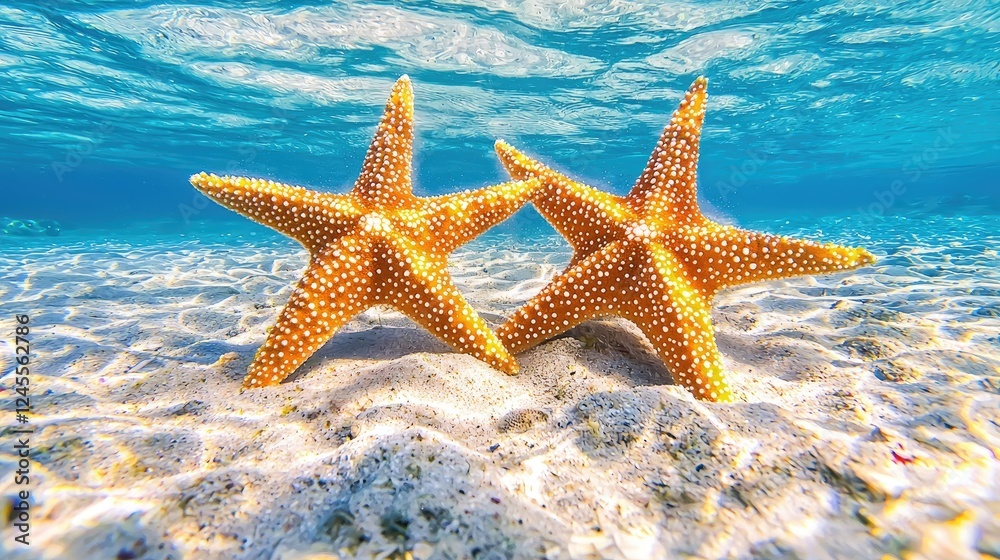 Two starfish on sandy ocean floor, underwater. Travel postcard