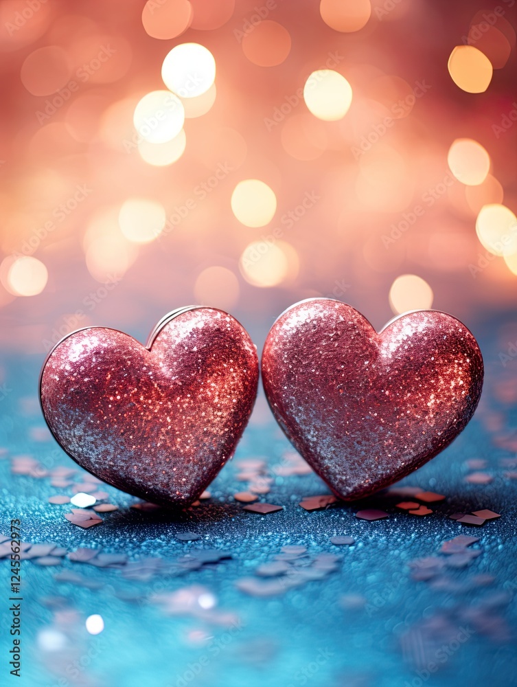 Obraz premium Valentines day festive background with two hearts In Shiny Background Valentine's Day glitter background