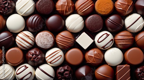 top view of variety chocolate pralines full Many different delicious chocolate background