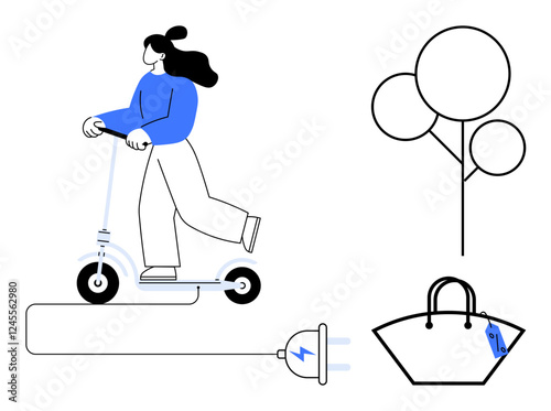 Person riding an electric scooter with trail lines, connecting plug and outlet, minimalistic tree diagram, and handbag with price tag. Ideal for sustainability, urban living, eco-friendly transport