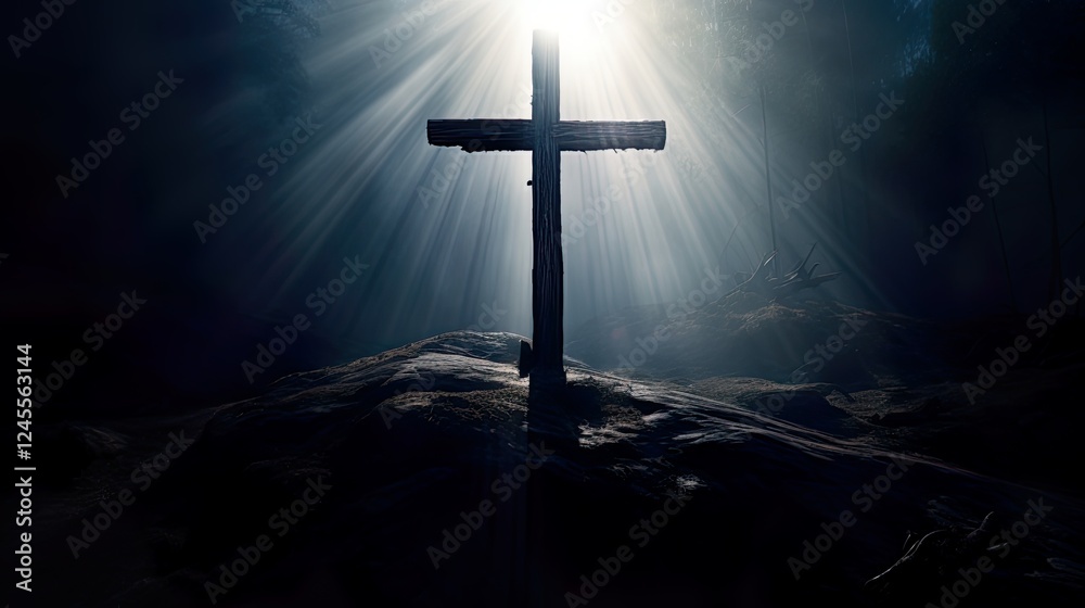 Naklejka premium Silhouette Holy cross concept symbol on top mountain&nbsp;Resurrection background with sunlight