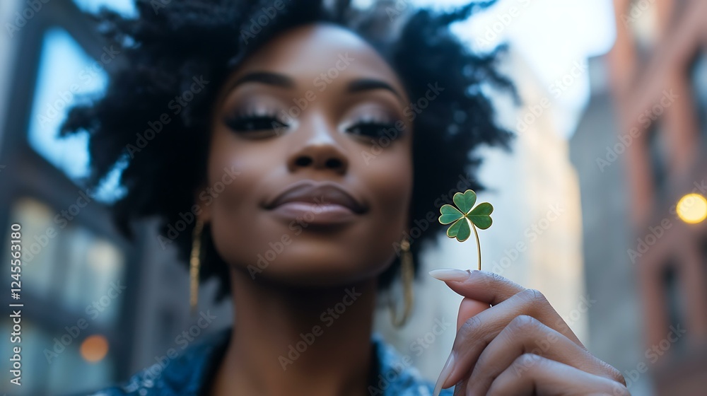 Casual shot of a Black woman holding a gold four-leaf clover keychain with an urban background Casual shot of a Black woman holding a gold four-leaf clover keychain with an urban background