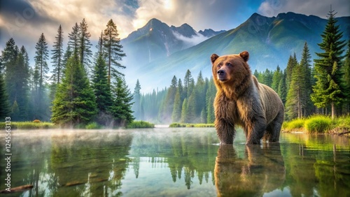 Grizzly Bear Standing in Misty River Surrounded by Lush Forest