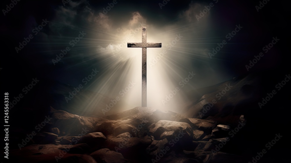 Naklejka premium Silhouette Holy cross concept symbol on top mountain Resurrection background with sunlight