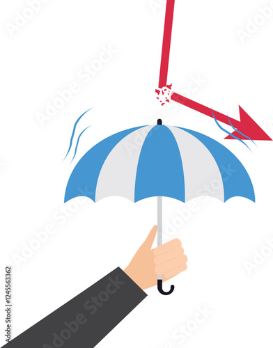 Hand with umbrella breaks falling arrow