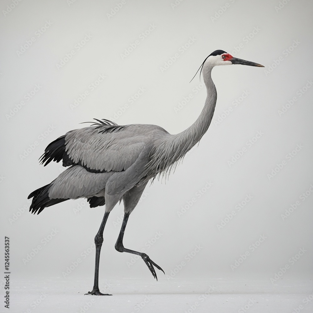 Obraz premium A crane flying gracefully with long, slender legs trailing behind, white background.A crane flying gracefully with long, slender legs trailing behind, white background.