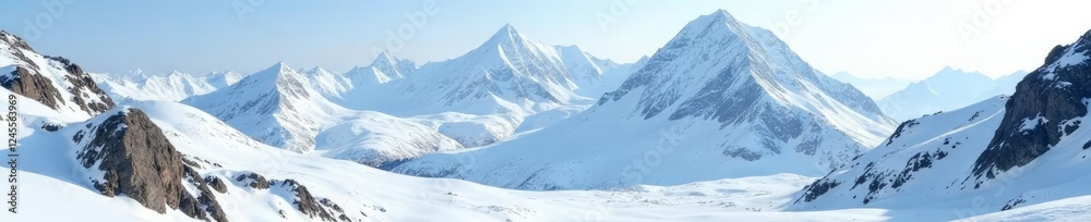 Mountainous landscape with snow-capped peaks and grey rocky terrain, winter landscape, snow covered Mountainous landscape with snow-capped peaks and grey rocky terrain, winter landscape, snow covered