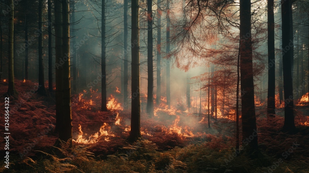 Obraz premium Majestic forest engulfed in flames creating a dramatic contrast of nature. Smoky air adds a mysterious atmosphere. Witness the power of wildfires. Generative AI