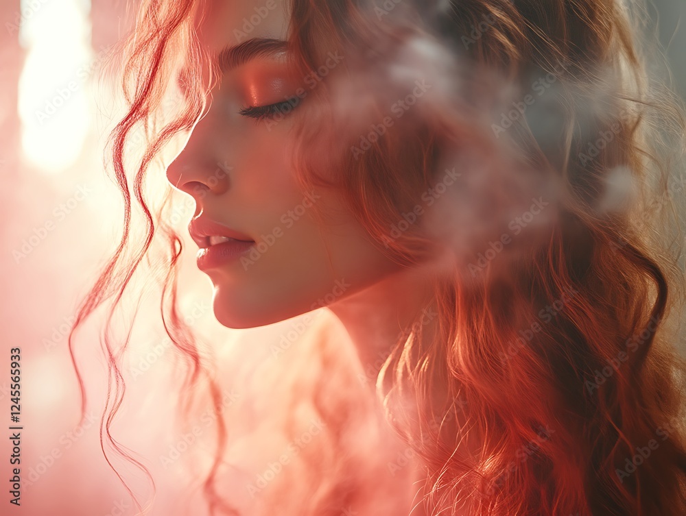 Serene redhead woman with flowing curls in smoky red light. Serene redhead woman with flowing curls in smoky red light.
