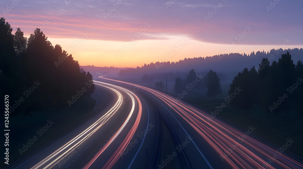 A winding highway at dusk, featuring illuminated vehicle trails and surrounded by dense trees. The sky displays soft pastel colors, creating a peaceful and serene atmosphere. A winding highway at dusk, featuring illuminated vehicle trails and surrounded by dense trees. The sky displays soft pastel colors, creating a peaceful and serene atmosphere.