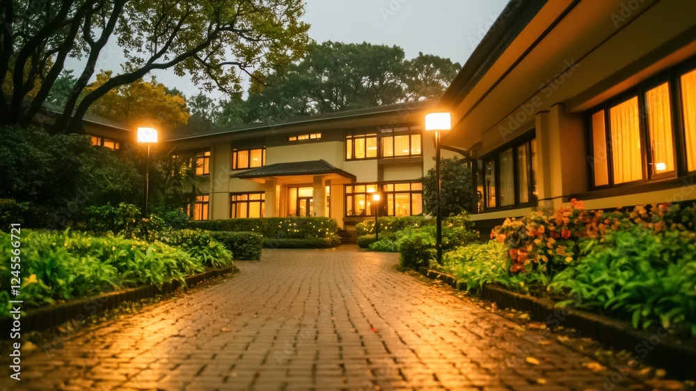 A charming building illuminated at dusk, surrounded by lush greenery and a picturesque pathway leading to its entrance. A charming building illuminated at dusk, surrounded by lush greenery and a picturesque pathway leading to its entrance.