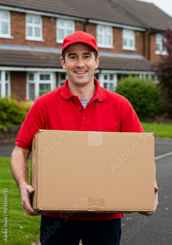 Friendly delivery person holding a package in front of a home