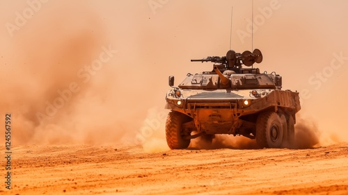 A military vehicle navigates a dusty terrain, showcasing its robust design and operational capabilities in challenging environments.