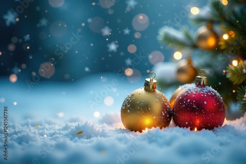 Frosty winter scene with twinkling golden ornaments amidst a backdrop of snowflakes, snow, frosty, cold