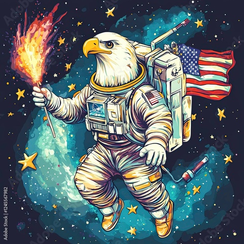 Eagle astronaut holds sparkler in space with American flag under starlit background