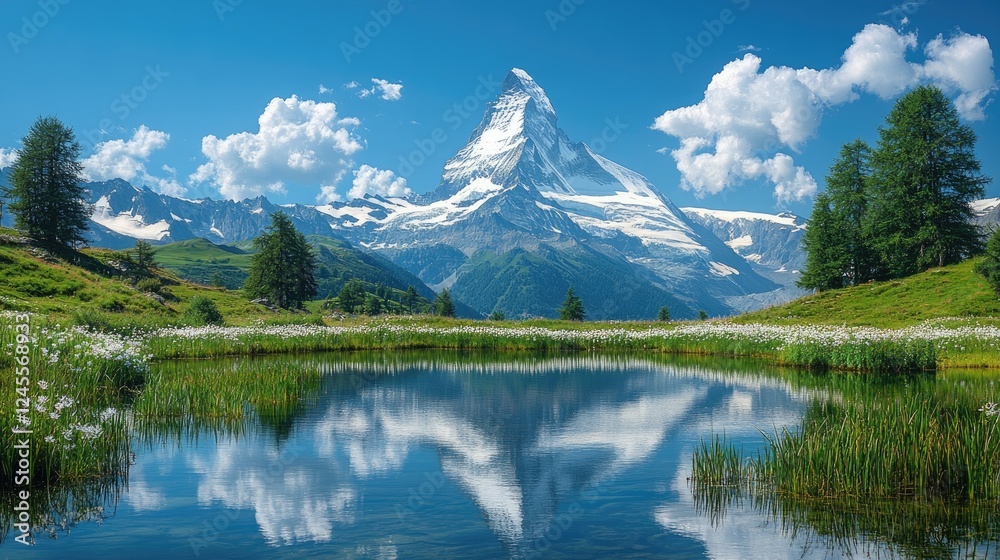 Majestic Matterhorn Mountain Reflected in Tranquil Alpine Lake Surrounded by Lush Greenery Majestic Matterhorn Mountain Reflected in Tranquil Alpine Lake Surrounded by Lush Greenery