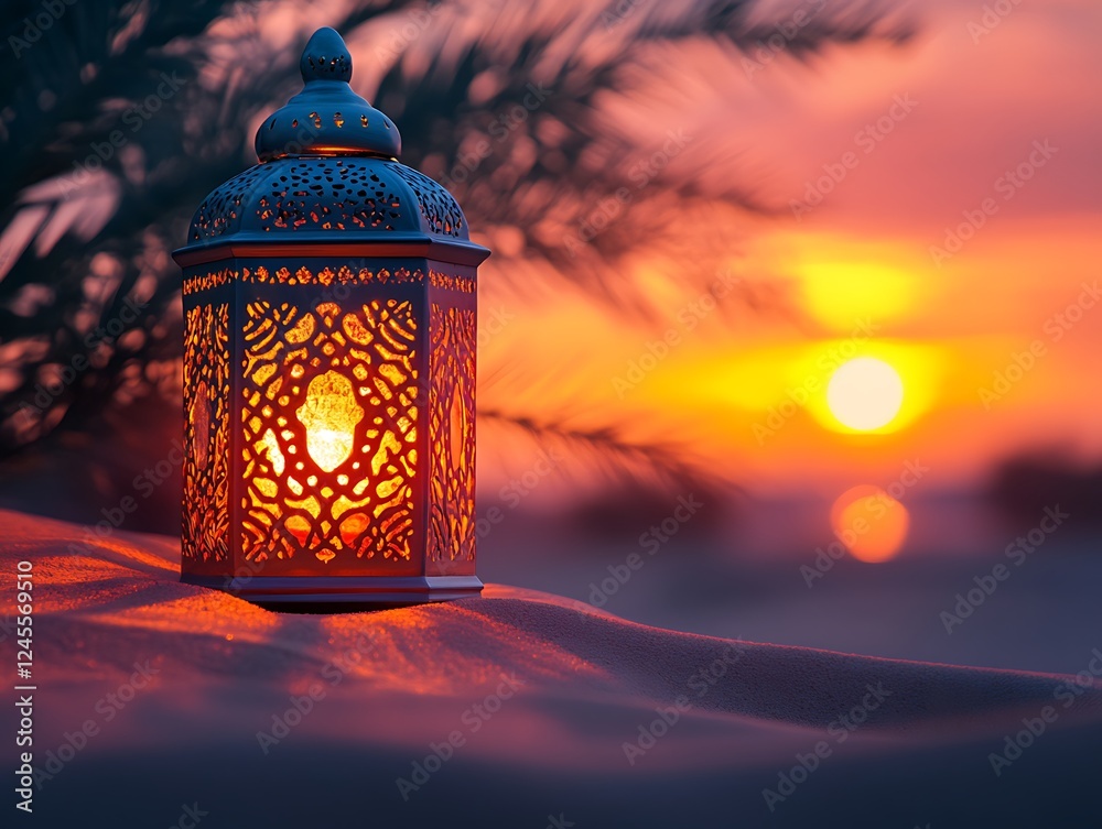 Illuminated lantern at sunset in desert. Illuminated lantern at sunset in desert.