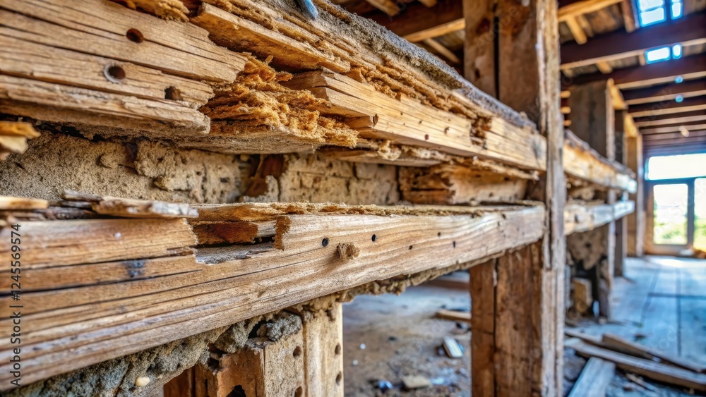 Close-up view of severely damaged wooden beams, exhibiting extensive decay and deterioration, indicative of significant structural compromise within an abandoned building Close-up view of severely damaged wooden beams, exhibiting extensive decay and deterioration, indicative of significant structural compromise within an abandoned building