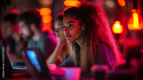 Young woman focused on laptop screen in a brightly lit office.