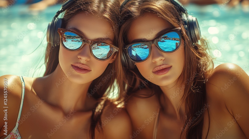 Twin sisters wearing sunglasses and headphones by the pool. Twin sisters wearing sunglasses and headphones by the pool.