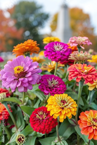 Colorful zinnia flowers in a flowerbed in a park memorial