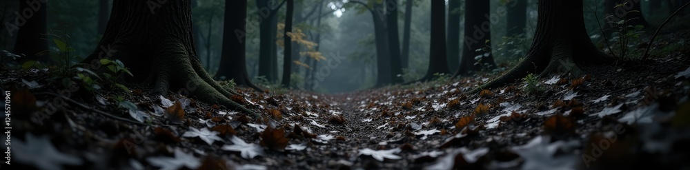Dark forest with scattered black and white leaves on the ground amidst fallen branches, leaf, nature, forest Dark forest with scattered black and white leaves on the ground amidst fallen branches, leaf, nature, forest