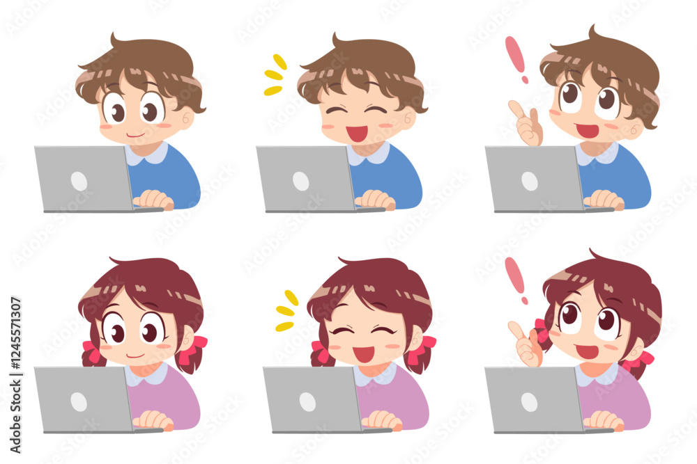 Cute Kids Using Laptops – Online Learning & Education Illustration Cute Kids Using Laptops – Online Learning & Education Illustration