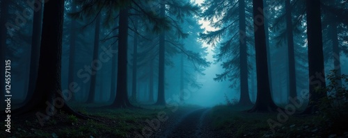 Dark forest with tall trees and a shadown on the ground, misty night, forest floor, woodland photo