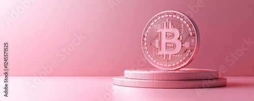 A stylized representation of a Bitcoin coin in pink hues, resting atop additional coins against a matching background.