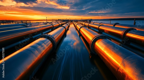 wastewater management system, cylindrical steel pipes, cascading water streams, dramatic evening light, reflective surfaces, motion blur water, environmental documentary style, photojournalistic photo