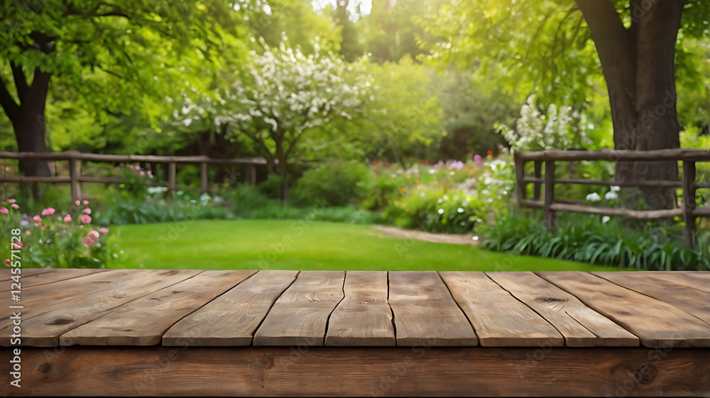 Spring landscape with a wooden fence in the park and garden, featuring trees, grass, and sunlight Spring landscape with a wooden fence in the park and garden, featuring trees, grass, and sunlight