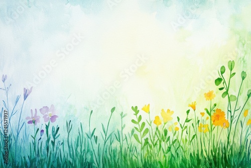 Serene Watercolor Floral Scene of Wildflowers in Bright Meadow under Sunlight