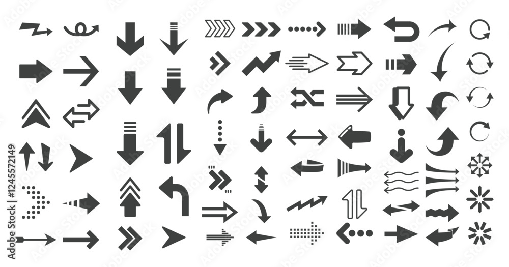 Naklejka premium Set black modern arrows for web design. Arrows vector icon. Arrow icon. Set of big black vector arrows. Cursor, Click. Arrow icon pack