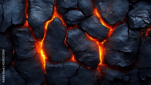 Molten lava flows through cracked dark rock surface photo
