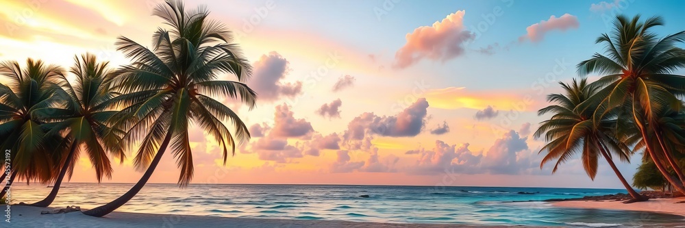 Obraz premium Vibrant sunset over calm Caribbean sea with silhouetted palm trees, beach, colorful, palm trees