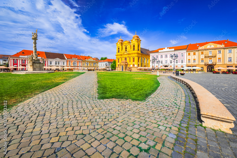 Timisoara, Banat - Romania. Baroque architectural Union Square in summer sunny daylight.