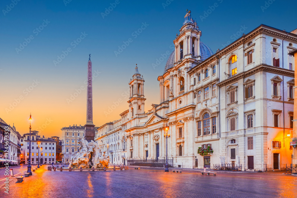 Rome, Italy. Piazza Navona and Sain Agnese Church, dowontown on the site of the Roman Domitian ancient Stadium.