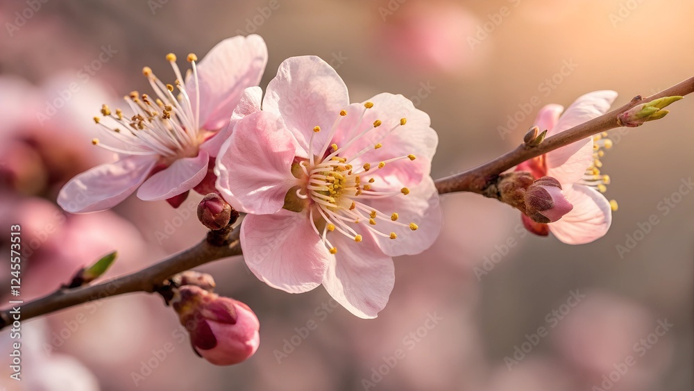 Peach Blossom Delicate Beauty: A close-up view of a single peach blossom branch bursting with delicate pink petals and yellow pollen, bathed in soft sunlight. Peach Blossom Delicate Beauty: A close-up view of a single peach blossom branch bursting with delicate pink petals and yellow pollen, bathed in soft sunlight.