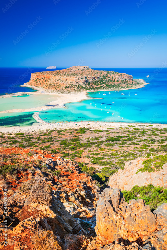 Balos Lagoon - Crete, Greece, breathtaking beach featuring crystal-clear waters, soft white sands, and rugged coastal cliffs.