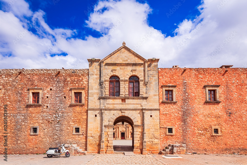 Arkadi, Greece. Monastery in Crete, historic 16th-century landmark, renowned for its Venetian architecture, Greece travel landmark.