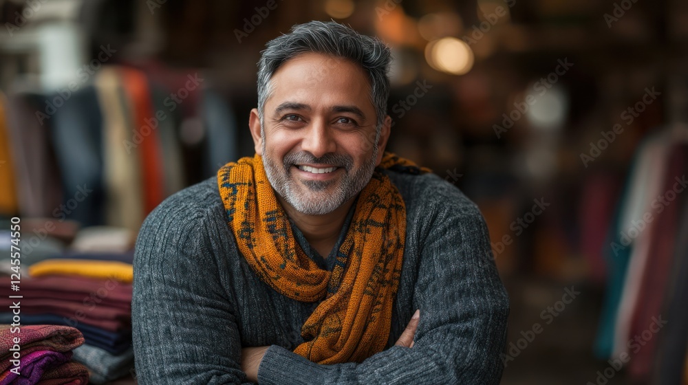 Fototapeta premium Smiling middle-aged man in a textile shop.