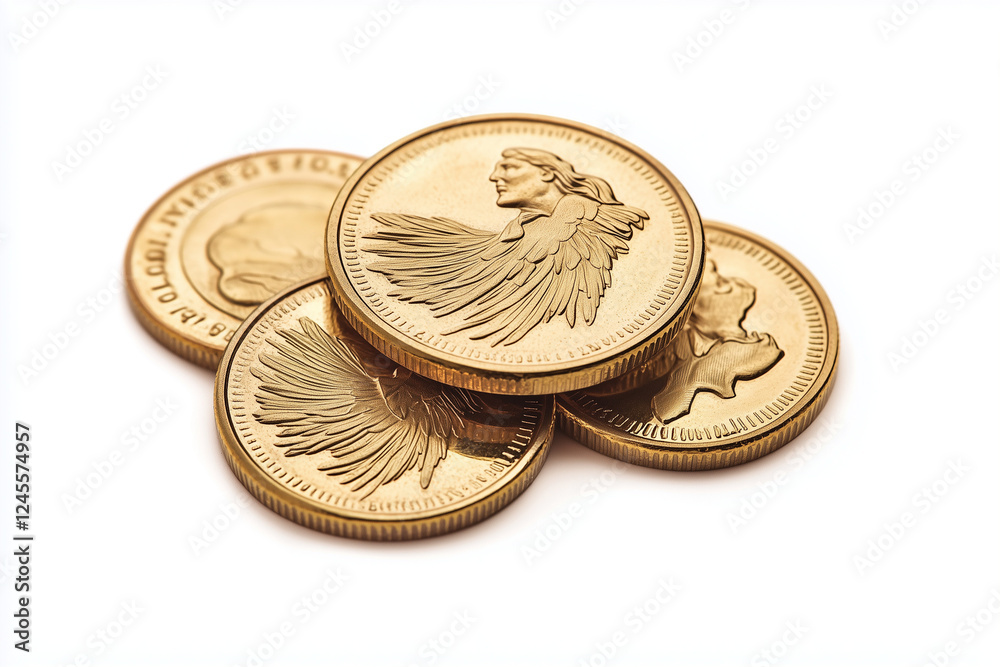 Selective focus pile of gold coin isolated on white background, Close up shot group of coin on white. Selective focus pile of gold coin isolated on white background, Close up shot group of coin on white.