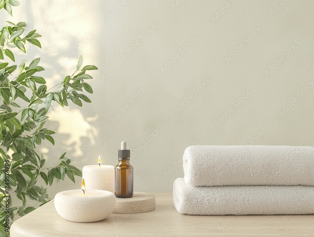 Luxurious spa setting featuring aromatic essential oils, calming candles, and lush towels, evoking relaxation and rejuvenation in a soothing environment. Luxurious spa setting featuring aromatic essential oils, calming candles, and lush towels, evoking relaxation and rejuvenation in a soothing environment.